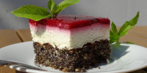 Beitragsbild des Blogbeitrags Mohn-Topfenschnitte mit Himbeerspiegel