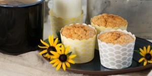 Beitragsbild des Blogbeitrags Fruchtige Frühstücksmuffins mit Karotte, Apfel und Banane – zuckerfrei, weizenfrei und laktosefrei