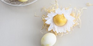 Beitragsbild des Blogbeitrags Ostereier natürlich färben mit Curcuma + selbstgemachte Blumen-Eier mit Krepp-Papier als Geschenkidee 