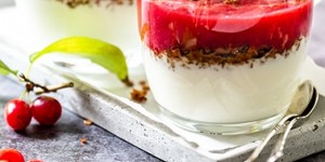 Beitragsbild des Blogbeitrags Schichtdessert aus Kornelkirschen Fruchtmus, Joghurtcreme und Walnuss-Haferflocken-Crunch