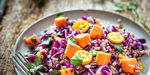 Beitragsbild des Blogbeitrags Veganer Wintersalat mit Rotkohl, Kochdinkel und Papaya
