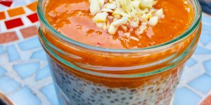 Beitragsbild des Blogbeitrags Kokos-Chia-Pudding mit Marillen-Nektarinen-Topping