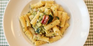 Beitragsbild des Blogbeitrags Tortiglioni con Zucchine e Pancetta 