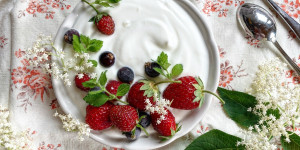 Beitragsbild des Blogbeitrags Joghurt-Topfen-Dessert mit Holunderblütensirup