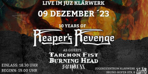 Beitragsbild des Blogbeitrags REAPERS REVENGE, TARCHON FIST (IT/CH), BRAINLESS + BURNING HEAD live am 09.12.2023 im Jugendzentrum Klärwerk in Amberg (Bayern) 