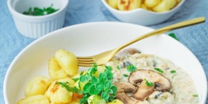 Beitragsbild des Blogbeitrags Gnocchi Pilz Pfanne mit cremiger Sauce – Leckeres Fitness Gericht
