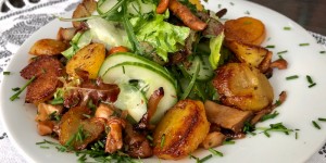 Beitragsbild des Blogbeitrags Geröstete Steinpilze und Eierschwammerl mit knusprigen Erdäpfelscheiben auf Blattsalate ❤️