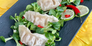 Beitragsbild des Blogbeitrags Hausgemachte Gemüse GYOZA auf süss-saurem Vogerl-Salat ❤️