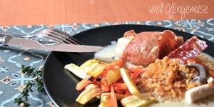 Beitragsbild des Blogbeitrags Hendlfilet „Vulcano“ mit Einkorn-Pilzrisotto und Ofengemüse 