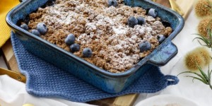 Beitragsbild des Blogbeitrags SÜSSES PÄUSCHEN IN BLAU! Heidelbeer-Haferflocken-Crumble mit Vanille-Ricotta-Eis