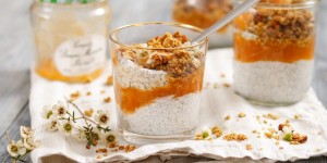 Beitragsbild des Blogbeitrags EIN GLAS – VON DER SONNE GEKÜSST! Mohncreme mit Marillen Kompott und Haselnuss-Granola