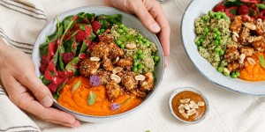 Beitragsbild des Blogbeitrags HAPPY HEALTHY BUDDHA BOWL! Brokkoli-Erbsen-Quinoa, Kürbispüree, crunchy Erdnuss-Sesam-Tofu und  Salat mit Beeren-Dressing 