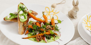 Beitragsbild des Blogbeitrags BUNTER FRÜHLINGSTELLER! Erbsen-Bruschetta mit Ziegenfrischkäse & Röstkarotten-Salat mit Kräuter-Vinaigrette  
