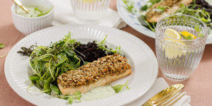 Beitragsbild des Blogbeitrags FRÜHLINGSGRUSS AUF DEM TELLER! Lachs mit Sonnenblumenkern-Senf-Kruste, Wiesenkräuter-Sauce und schwarzem Reis