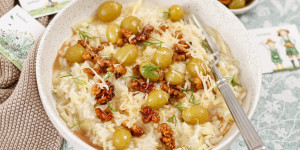 Beitragsbild des Blogbeitrags WIR SIND KÄSEVERLIEBT! Fenchel-Zitronen-Risotto mit geschmorten Weintrauben und Walnüssen