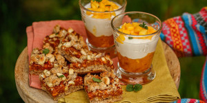 Beitragsbild des Blogbeitrags RETTEN WIR GEMEINSAM GETROCKNETE MANGOS VON GEBANA! Mango-Oat-Bars und Mango-Dessert im Glas