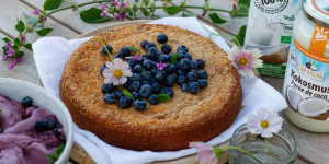 Beitragsbild des Blogbeitrags HIMMLISCHE DESSERT-KOMBINATION ZUM TRÄUMEN! Saftiger Kokoskuchen mit Heidelbeer-Kokoseis + Dr. Goerg Produktempfehlung 