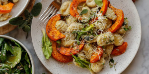 Beitragsbild des Blogbeitrags AROMATISCHES HERBST-WOCHENDESSEN! Ricotta-Gnocchi mit Salbeibutter und gegrillten Kürbisspalten 