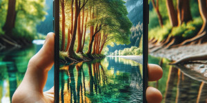 Beitragsbild des Blogbeitrags Bäume im Fluss mit Spiegelung auf dem Wasser Foto auf dem iOS Smartphone Handy Phone bearbeitet. Fotografieren und Filmen mit dem Smartphone: Bessere Fotos und Videos mit dem Handy für Freizeit, Hobby und Business