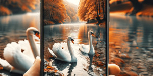 Beitragsbild des Blogbeitrags Schwäne im Fluss im Herbst fotografiert Foto auf dem Smartphone bearbeitet mit iOS iPhone. Fotografieren und Filmen mit dem Smartphone: Bessere Fotos und Videos mit dem Handy für Freizeit, Hobby und Business 