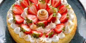 Beitragsbild des Blogbeitrags Zitronen-Cheesecake mit Holunderbaiser und Erdbeeren 