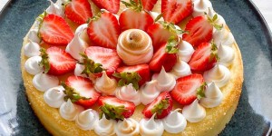 Beitragsbild des Blogbeitrags Zitronen-Cheesecake mit Holunderbaiser und Erdbeeren