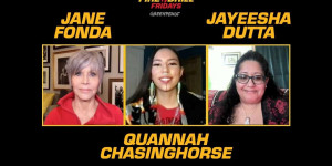 Beitragsbild des Blogbeitrags Freitags Brandübung mit Jane Fonda und den Frontline-Aktivisten Quannah Chasinghorse und Jayeesha Dutta | Greenpeace USA