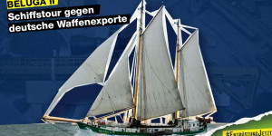 Beitragsbild des Blogbeitrags Die Beluga II informiert in 14 deutschen Städten über deutsche Waffenexporte | Greenpeace Deutschland 