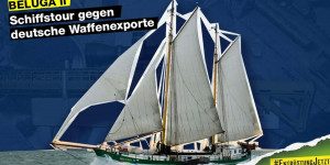 Beitragsbild des Blogbeitrags Die Beluga II informiert in 14 deutschen Städten über deutsche Waffenexporte | Greenpeace Deutschland