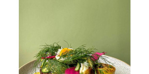 Beitragsbild des Blogbeitrags Roggensauerteigbrot mit Ziegenkäse, gebratenen Zucchini, saurer Chioggiarübe, Fenchelgrün, einem Ei, Thymianblüten und Traubenkapern