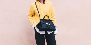 Beitragsbild des Blogbeitrags Business-Outfit mit GG Marmont Tasche und Mohair Pullover
