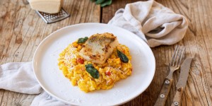 Beitragsbild des Blogbeitrags Gebratenes Zanderfilet auf Kürbisrisotto