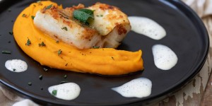 Beitragsbild des Blogbeitrags Gebratenes Zanderfilet auf Kürbispüree
