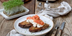 Beitragsbild des Blogbeitrags Getoastetes Schwarzbrot mit Topfenaufstrich und geräuchertem Lachs 