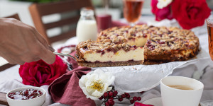 Beitragsbild des Blogbeitrags Linzer Cheesecake: Linzertorte mit Topfenfülle – das Rezept 
