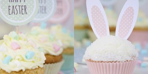Beitragsbild des Blogbeitrags {DIY & FOOD} Cupcakes im Osteroutfit – free printable 