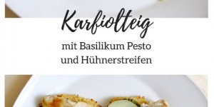 Beitragsbild des Blogbeitrags Karfiolteig mit Hühnerstreifen, Gemüse und Pesto 