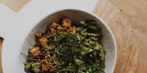 Beitragsbild des Blogbeitrags Grüne Bowl mit Tofu, Samen und Kräutern 