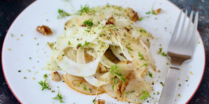 Beitragsbild des Blogbeitrags FENCHEL-BRIRNEN-SALAT MIT NÜSSEN UND LEINÖL